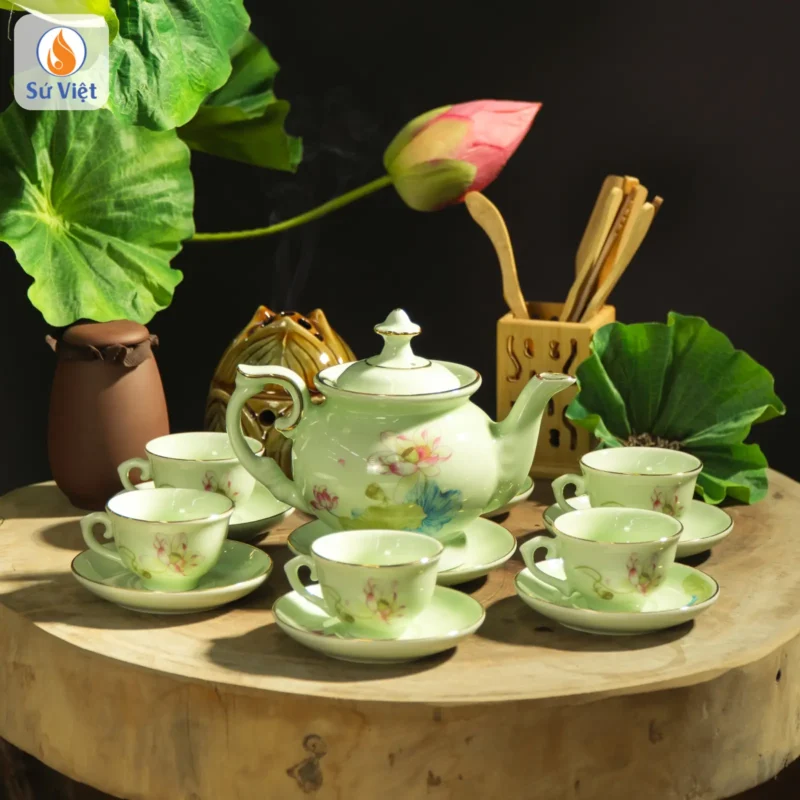 bộ ấm chén hoa sen làm quà tặng tết
