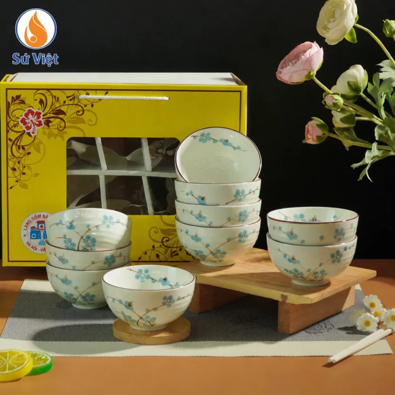 bộ 10 bát cơm họa tiết hoa đào làm quà tặng