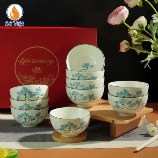 bộ 10 bát cơm họa tiết hoa sen làm quà tặng