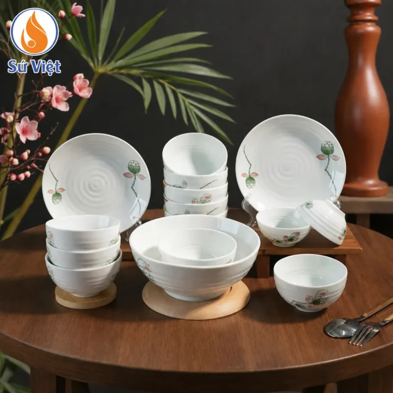 Bộ bát đĩa 12 món men trăng họa tiết đài sen làm quà tặng