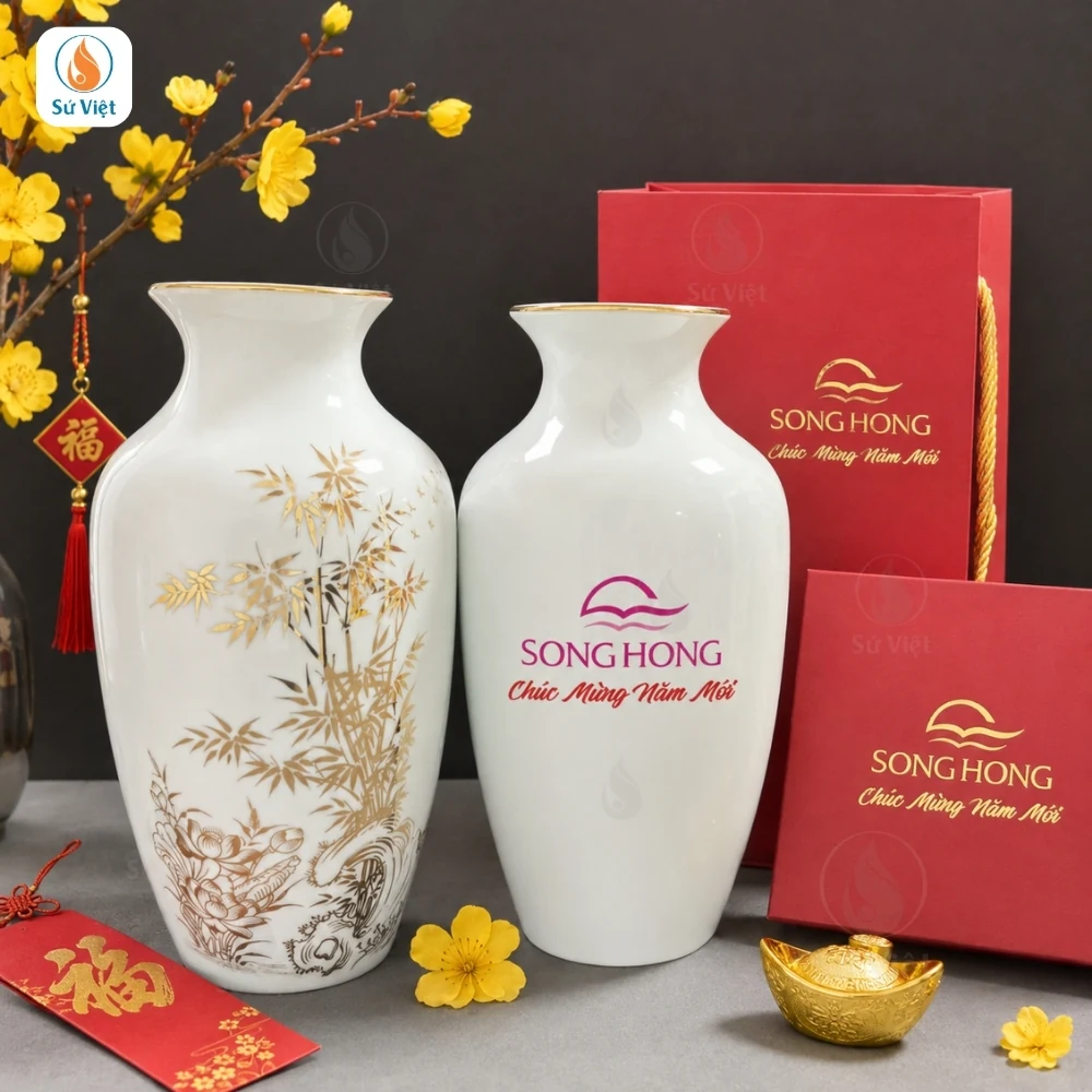 Bình Hoa Liên Trúc Vàng Kim In Logo Quà Tết