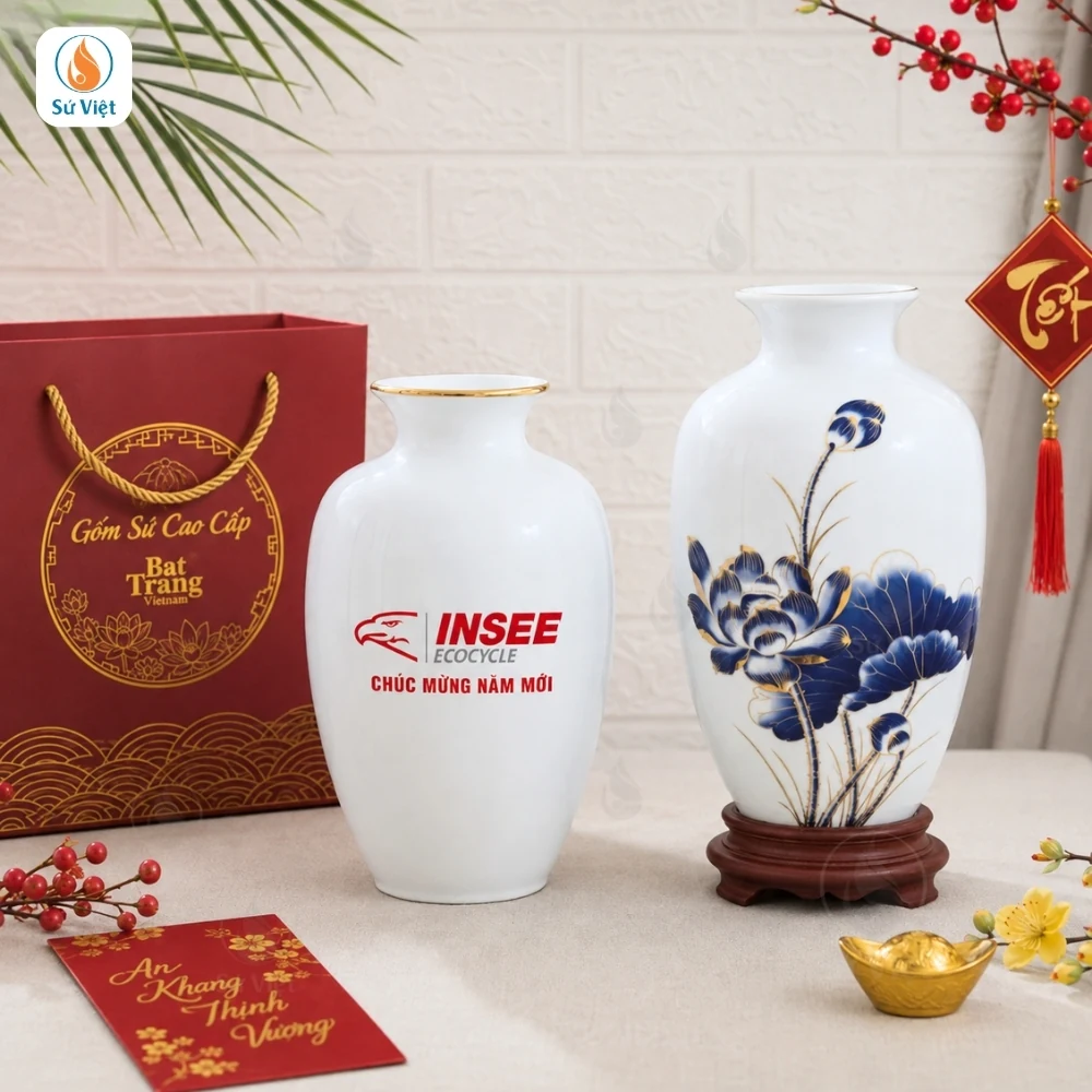 Bình Hoa Thanh Liên Sứ Trắng In Logo Quà Tết