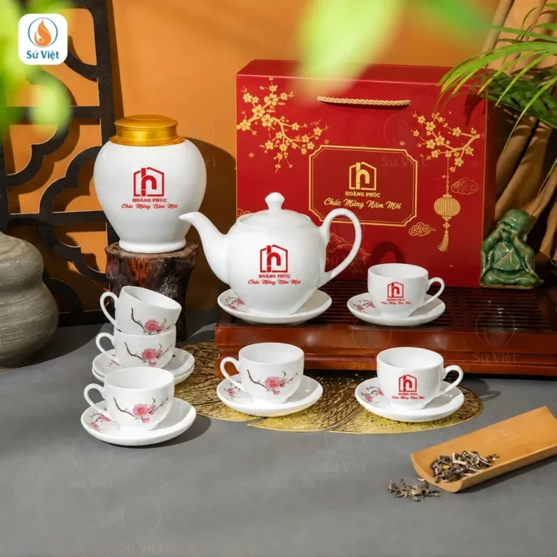 Bộ Ấm Trà Hồng Đào Minh Long In Logo Quà Tết
