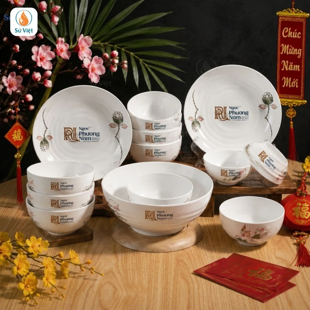 Bộ Bát Đĩa Đài Sen In Logo Quà Tết