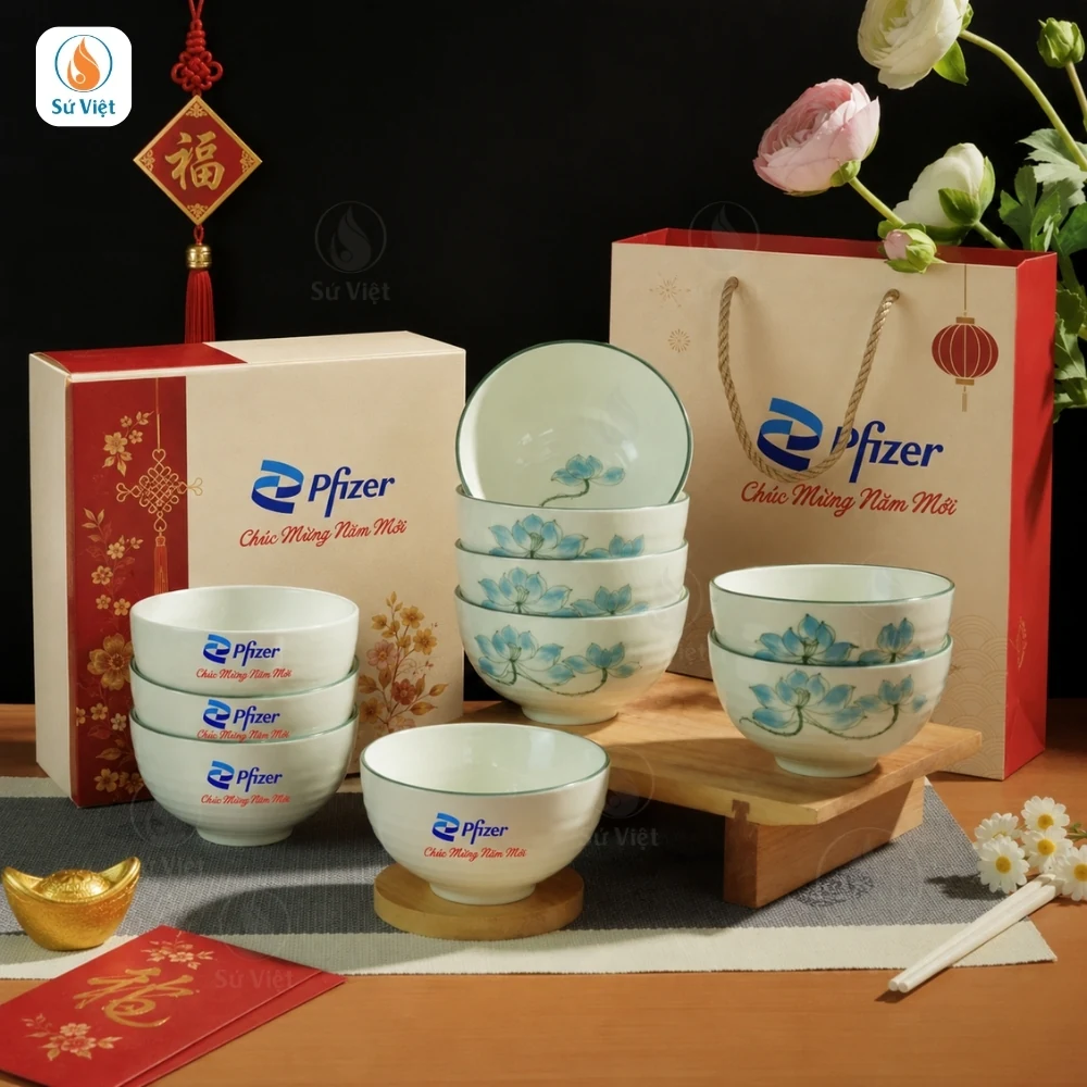 Bộ Bát Thanh Liên In Logo Quà Tết