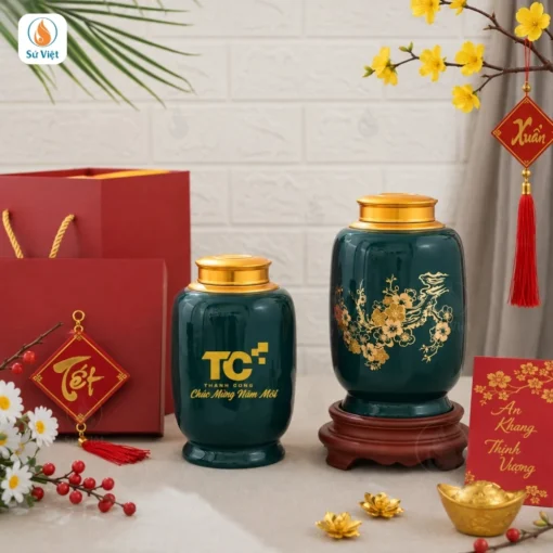 Hũ Trà Đào Sang Cát Tường In Logo Quà Tết