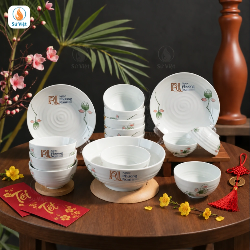 Bộ Bát Đài Sen In Logo Quà Tết