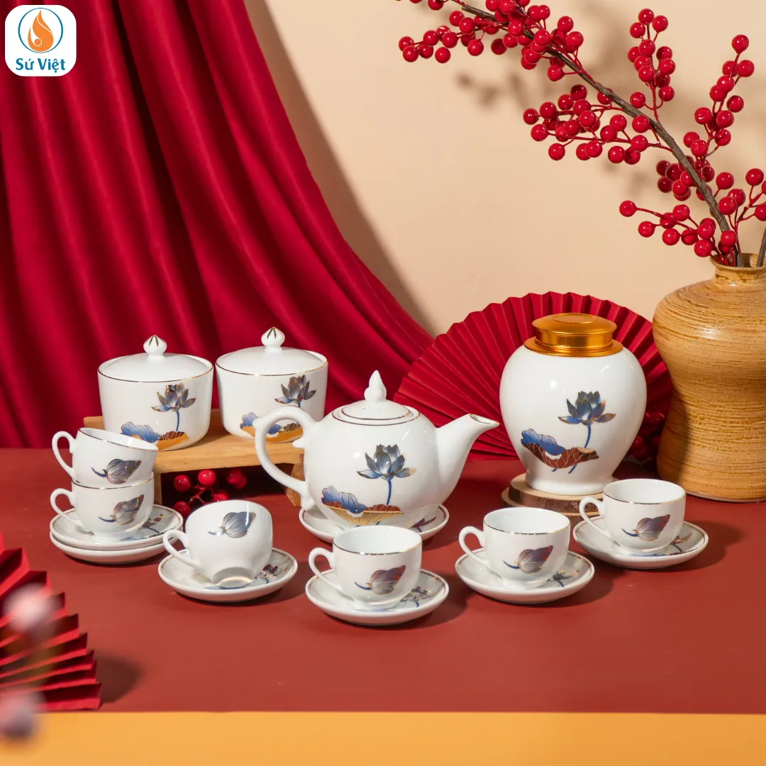 Hũ Mứt Tết Hoa Sen Xanh Vẽ Vàng