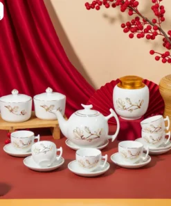 Bộ Ấm Chén Kèm Hũ Mứt Và Hũ Trà Hoa Mộc Lan Vẽ Vàng