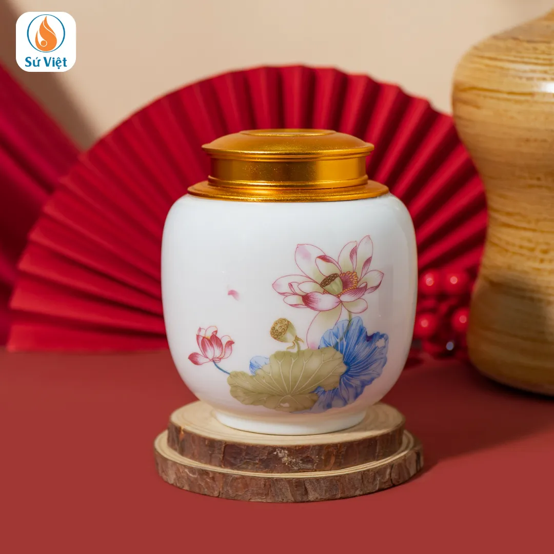 Hũ Đựng Trà Gốm Sứ Hoa Sen Quà Tết
