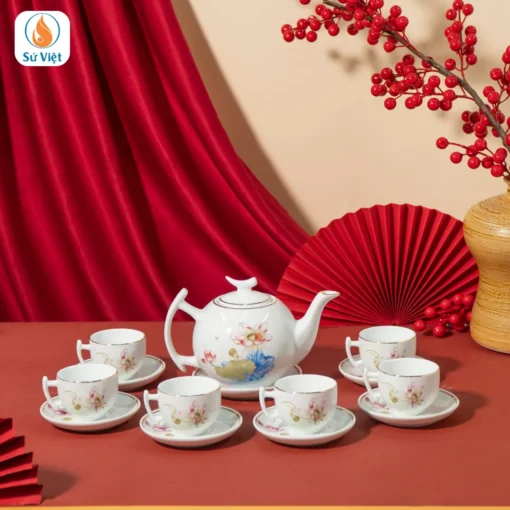 Bộ Ấm Chén Hoa Sen Nước Kèm Hũ Trà Và Hũ Mứt Tết