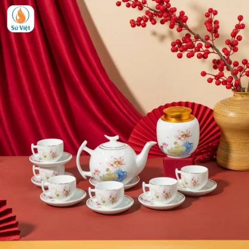 Hũ Đựng Trà Gốm Sứ Hoa Sen Quà Tết
