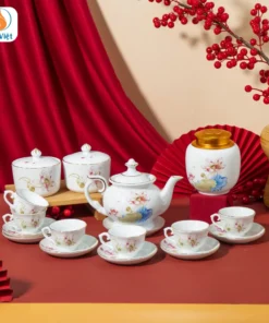 Bộ Ấm Chén Hoa Sen Nước Kèm Hũ Trà Và Hũ Mứt Tết