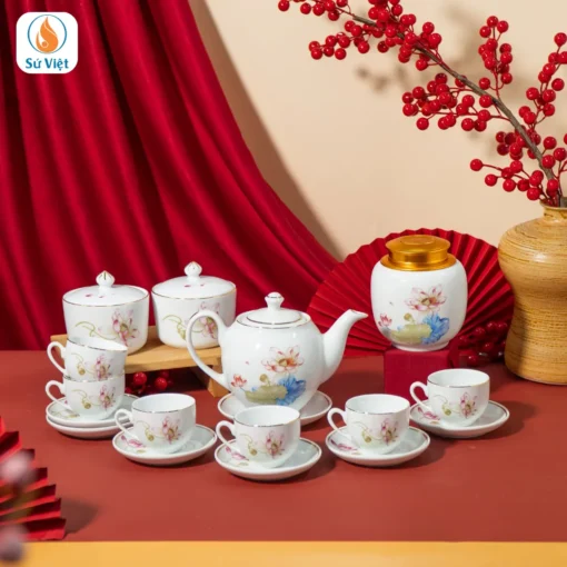 Bộ Ấm Chén Hoa Sen Nước Kèm Hũ Trà Và Hũ Mứt Tết