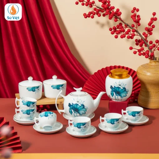 Bộ Ấm Trà quà Tết gốm sứ sen xanh