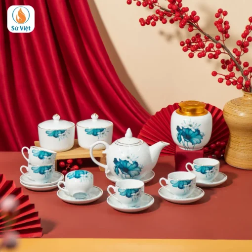 Bộ Ấm Trà quà Tết gốm sứ sen xanh