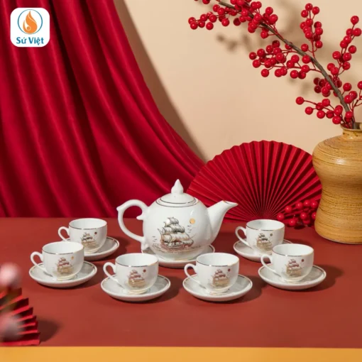 Bộ Quà Tặng Ấm Chén Hũ Trà Mứt Thuận Buồm Xuôi Gió Vàng Kim