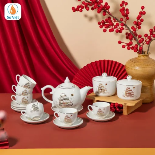ấm chén kèm hũ mứt thuận buồm vàng kim làm quà tặng tết
