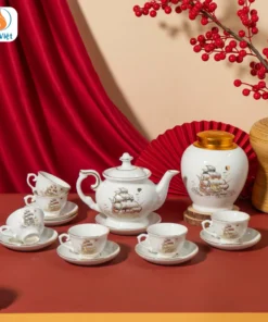 Bộ Quà Tặng Ấm Chén Hũ Trà Mứt Thuận Buồm Xuôi Gió Vàng Kim