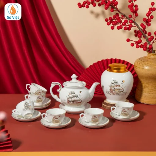 Bộ Quà Tặng Ấm Chén Hũ Trà Mứt Thuận Buồm Xuôi Gió Vàng Kim