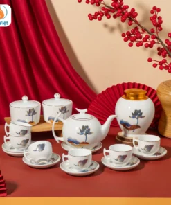 Bộ Ấm Chén Kèm Hũ Mứt Hũ Trà Sen Xanh Vẽ Vàng