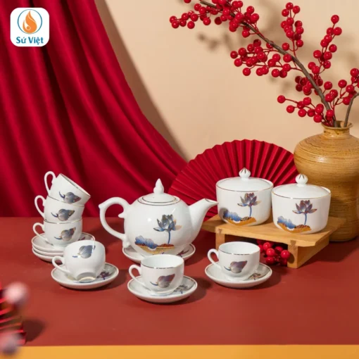 Bộ Ấm Chén Kèm Hũ Mứt Hũ Trà Sen Xanh Vẽ Vàng