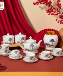 Bộ Ấm Chén Kèm Hũ Mứt Hũ Trà Sen Xanh Vẽ Vàng