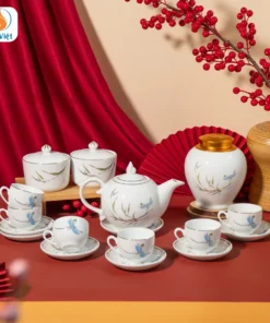 Bộ Ấm Chén kèm Hũ Trà Và Hũ Mứt Tết Chuồn Trúc Vẽ Vàng