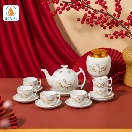 Bộ Ấm Chén Kèm Hũ Mứt Và Hũ Trà Hoa Mộc Lan Vẽ Vàng