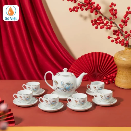 Quà Tết Bộ Ấm Chén Hũ Trà Và Hũ Mứt Tết Sen Xanh Vẽ Vàng