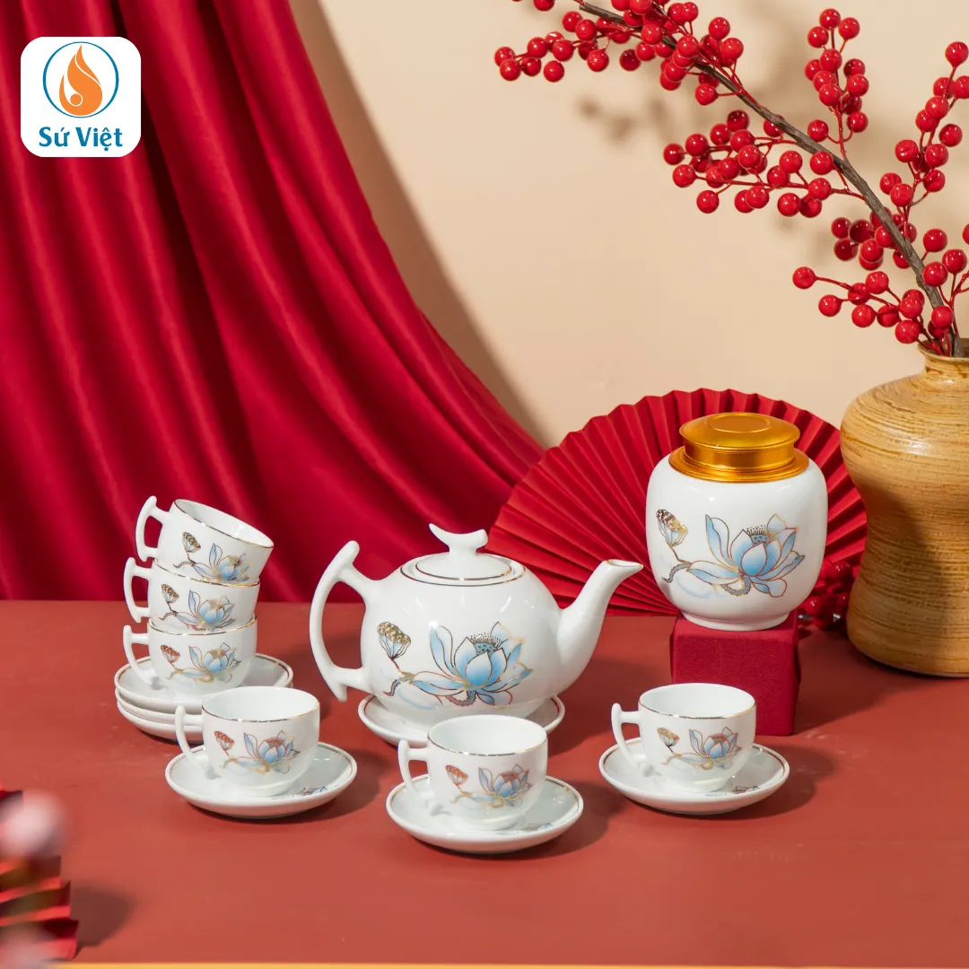 Quà Tết Bộ Ấm Chén Hũ Trà Và Hũ Mứt Tết Sen Xanh Vẽ Vàng