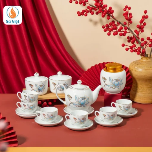 Quà Tết Bộ Ấm Chén Hũ Trà Và Hũ Mứt Tết Sen Xanh Vẽ Vàng