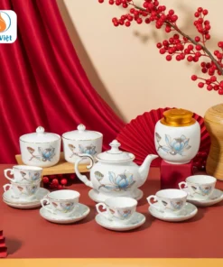 Quà Tết Bộ Ấm Chén Hũ Trà Và Hũ Mứt Tết Sen Xanh Vẽ Vàng