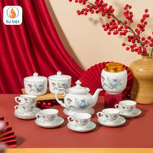Quà Tết Bộ Ấm Chén Hũ Trà Và Hũ Mứt Tết Sen Xanh Vẽ Vàng
