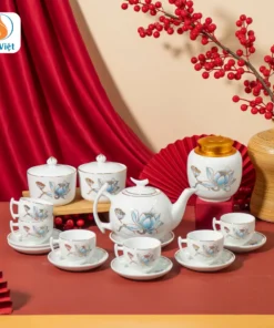 Quà Tết Bộ Ấm Chén Hũ Trà Và Hũ Mứt Tết Sen Xanh Vẽ Vàng