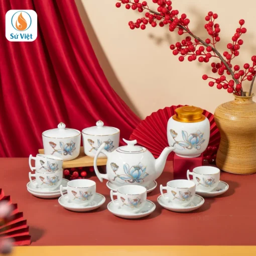 Quà Tết Bộ Ấm Chén Hũ Trà Và Hũ Mứt Tết Sen Xanh Vẽ Vàng